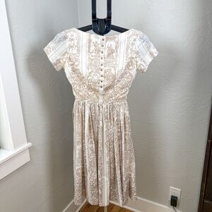 Vintage 1970s Jonathan Logan Beige Toile Button Front Dress Size 0